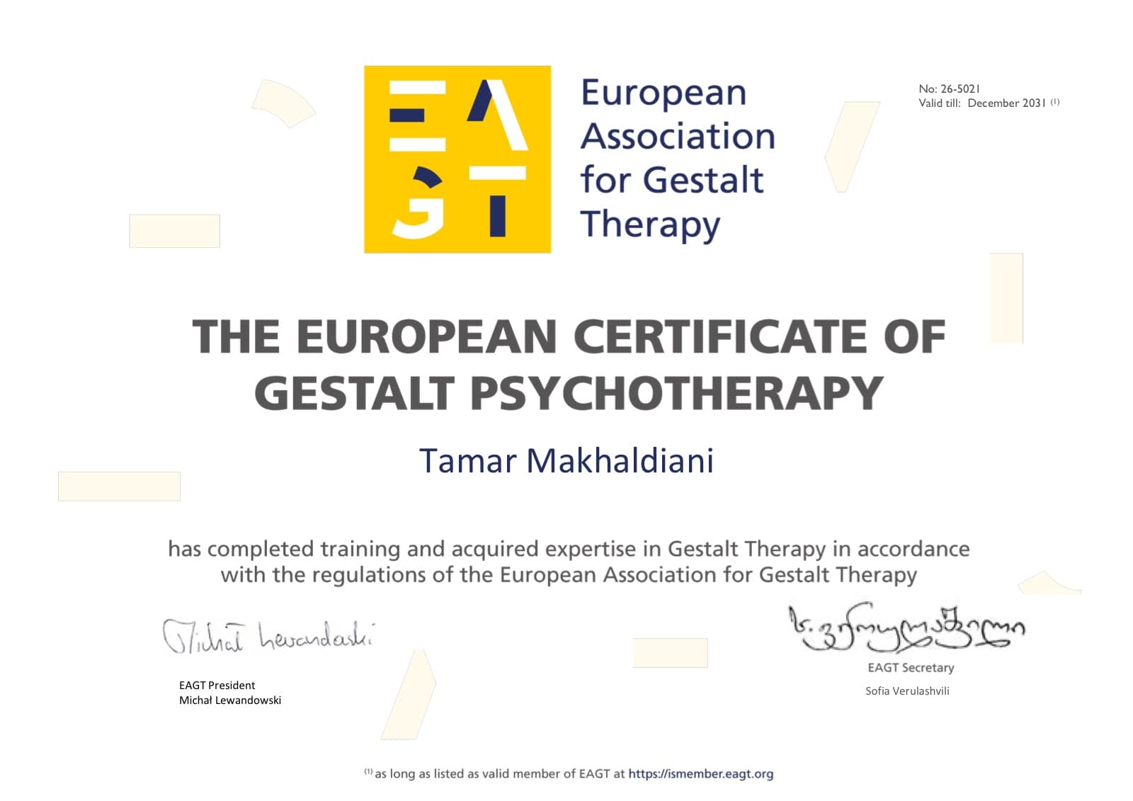 European Certificate of Gestalt Psychotherapy awarded to Tamar Makhaldiani by the European Association for Gestalt Therapy